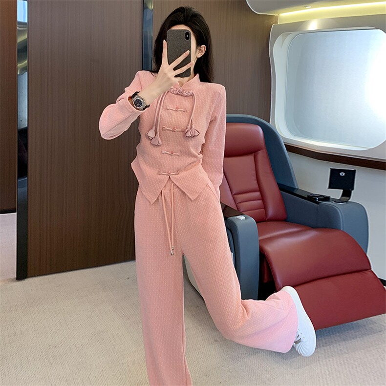 女秋季新中式民族风盘扣开叉上衣休闲阔腿裤套装,女装套装/套裙,江南