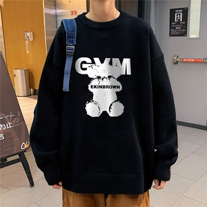 1港风圆领中性情侣潮流大码M-5XL印花毛衣男外套7695P48加绒P55图片