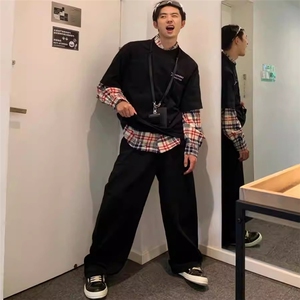 美式复古磨破工艺格子长袖衬衫男女春秋宽松休闲撞色格纹衬衣外套图片