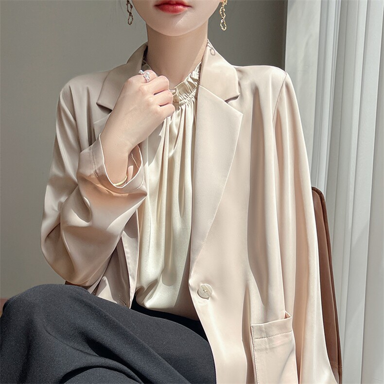 2025新款醋酸缎面纯色开衫女宽松百搭洋气上衣薄款长袖西装外搭,女装短外套,暖习羊绒