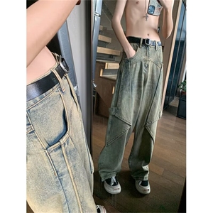 美式复古水洗牛仔裤男女设计感宽松阔腿坠感拖地长裤子NT227-p58图片