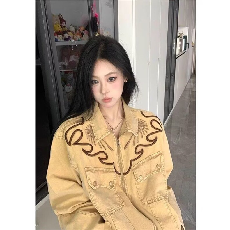 黄泥染牛仔外套女春秋季2025新款宽松设计感小众潮牌夹克JK2573,男装工装外套,星座516A