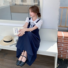 深蓝色假两件蝴蝶结连衣裙2025新淡人初夏流行漂亮小个子法式裙子，女装连衣裙，2C285