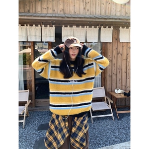 秋冬新款刺绣条纹水貂毛圆领毛衣男女松弛感慵懒风套头针织衫潮流图片