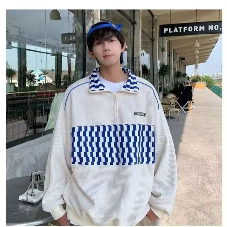 卫衣男春秋潮流宽松半拉链翻领polo衫港风潮牌休闲薄款外套图片