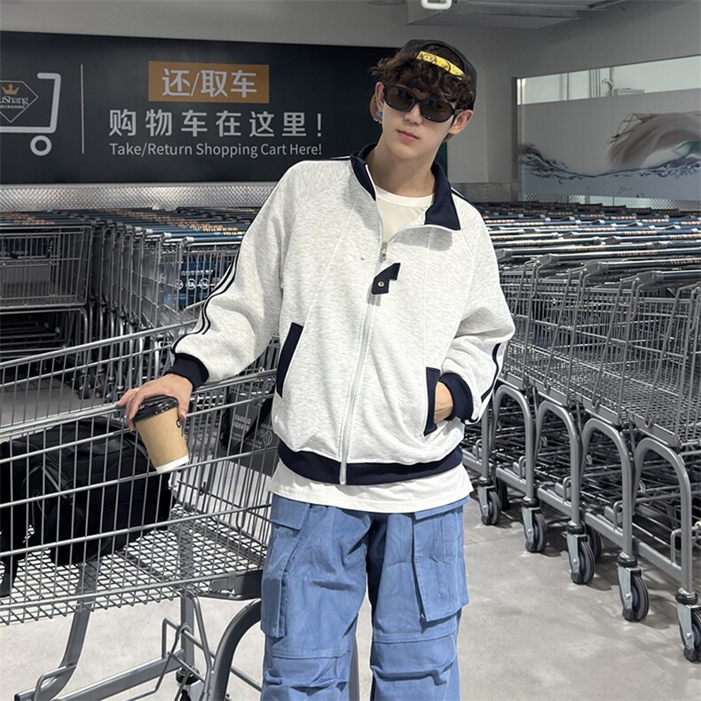 抖音得物品质秋冬美式高街重磅结构拼接织带翻领卫衣夹克外套W113,男装夹克,电商A486
