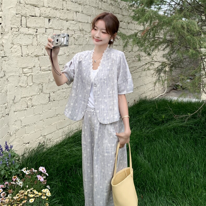 蕾丝拼接波点薄款短袖西装套装裤女夏季2025新款韩版设计感两件套,女装套装/套裙,2C299