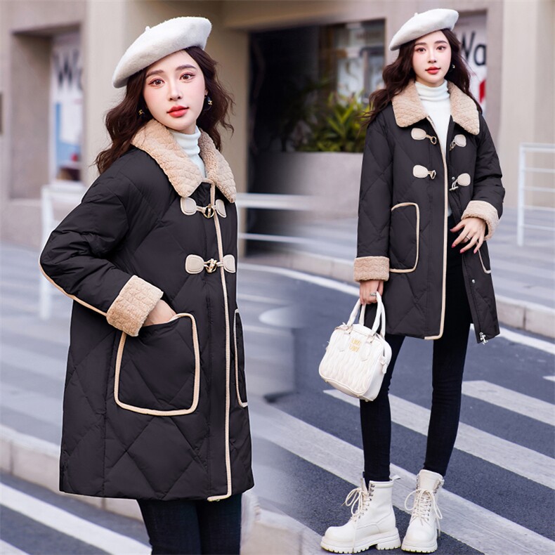 【yaya同款】2024新款冬装羽绒服仿羊羔毛撞色拼接外套90白鸭绒,女装羽绒服,雅静靓衣