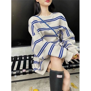 5508-P60新款韩版中长宽松圆领条纹卫衣t恤上衣图片