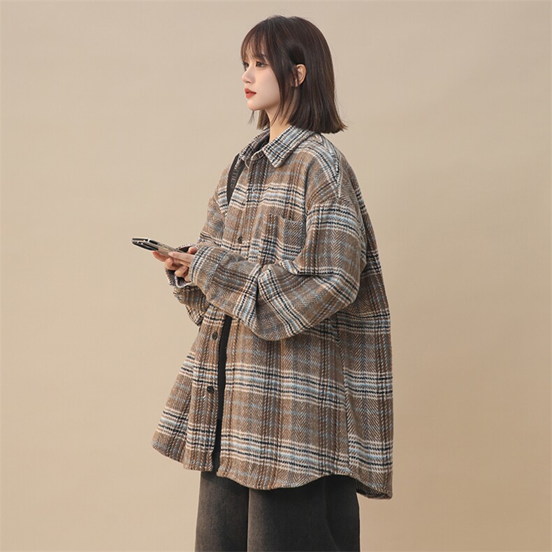日系复古格子撞色长袖衬衫男女宽松毛呢格衬衣225-2-CS710-P58,男装衬衫,星座225-2