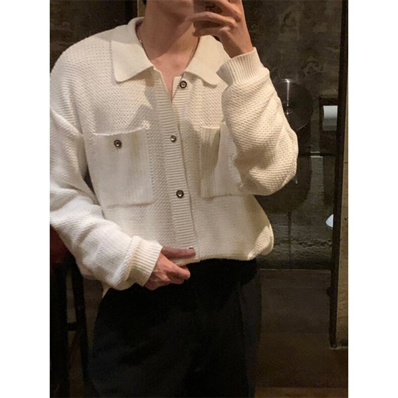 W10427-P68 网图现货 翻领宽松长袖针织衫纽扣设计高档开衫毛衣图片