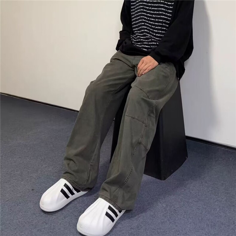 弯刀工装裤男女新款春秋季高街直筒阔腿裤子美式垂感镰刀牛仔裤,男装牛仔裤,星座506A