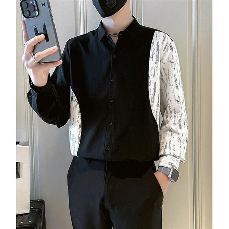 韩版花衬衫男士小众设计感拼接长袖撞色拼接男装休闲衬衣CA698,男装衬衫,星座1116A（原606A-3）