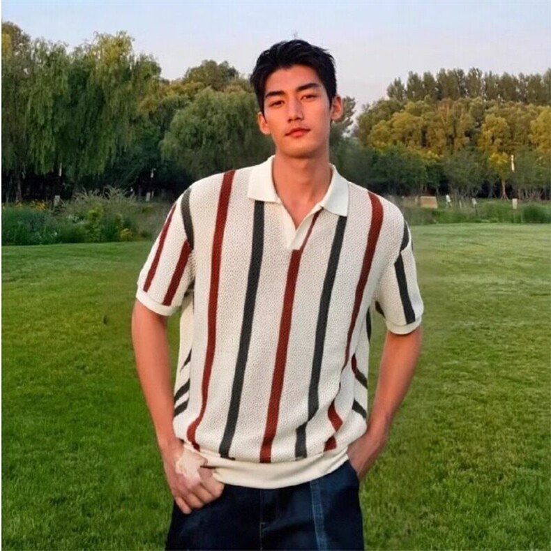 夏季条纹撞色翻领短袖t恤男士潮牌个性时尚休闲针织polo衫上衣服,男装T恤,星座506A