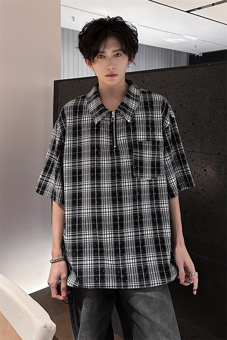 405A美式高阶烫钻格子半拉链设计衬衫短袖T恤T2513-P55控78,男装T恤,星座405A