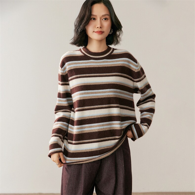 新款圆领条纹针织长袖套头上衣女,针织衫/毛衣,鸥蕊娅羊绒