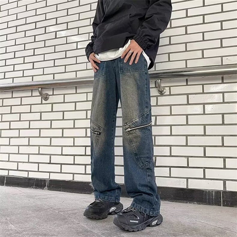 美式牛仔裤男秋季水洗泥黄色潮牌高街宽松直筒工装长裤K865-P50,男装牛仔裤,星座1109-3