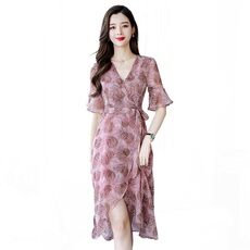 碎花2021年夏季V领时尚气质中长款百搭韩版优雅连衣裙，女装连衣裙，瑶迪依秀