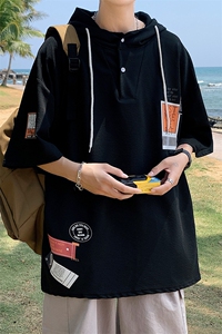 LD54121-P45 连帽短袖t恤男大码胖子带帽五分袖中袖图片