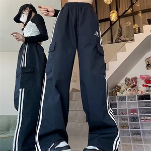 美式复古高街工装裤女春秋百搭宽松运动ins潮韩版阔腿裤AK815-P45,女款休闲运动裤如何搭配鞋子图片