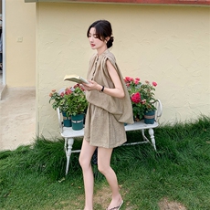 【新增灰色】韩系清新无袖飘带亚麻短裤套装F538-P135-K198，女装套装/套裙，2C255