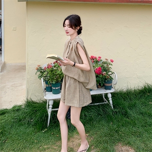 【新增灰色】韩系清新无袖飘带亚麻短裤套装F538-P135-K198图片