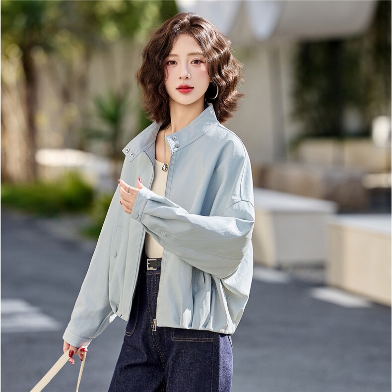 2026春季新款现货小个子洋气立领浅色皮衣短外套百搭宽松夹克,女装短外套,英标秀（1C119）