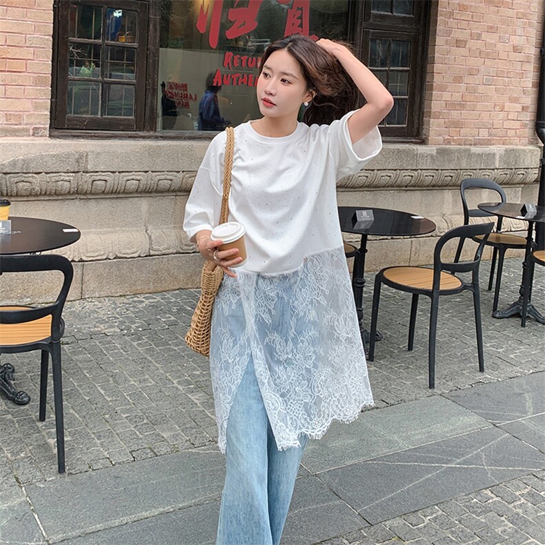 重工烫钻蕾丝拼接白色t恤连衣裙女2025新款慵懒松弛感屁帘叠穿,女装蕾丝衫/雪纺衫,2C087