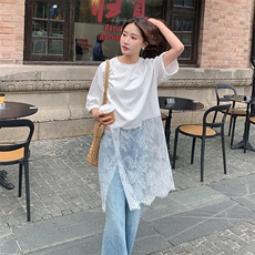 重工烫钻蕾丝拼接白色t恤连衣裙女2025新款慵懒松弛感屁帘叠穿，女装蕾丝衫/雪纺衫，2C087