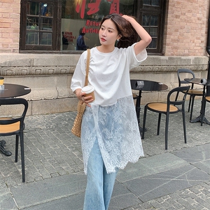 重工烫钻蕾丝拼接白色t恤连衣裙女2025新款慵懒松弛感屁帘叠穿图片