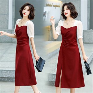 2021年夏季新款气质修身显瘦方领短袖中长款开叉拼色连衣裙，女装连衣裙，盈茜