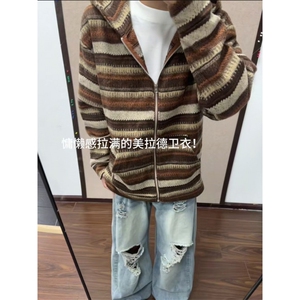 JY689-P53 美式复古毛呢条纹开衫连帽卫衣 网图图片