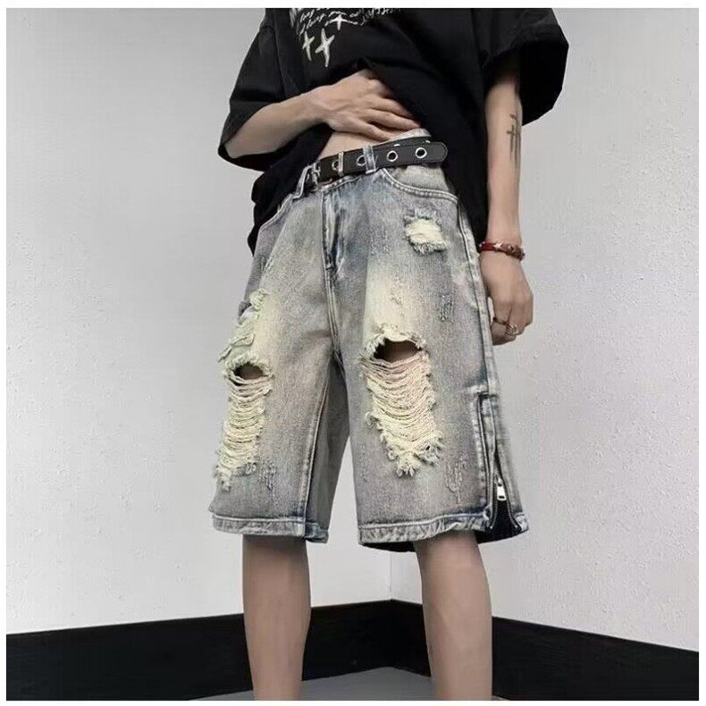 牛仔裤破洞宽松直筒水洗五分裤夏季纽扣青春流行潮百搭简约,男装牛仔裤,星座410-7