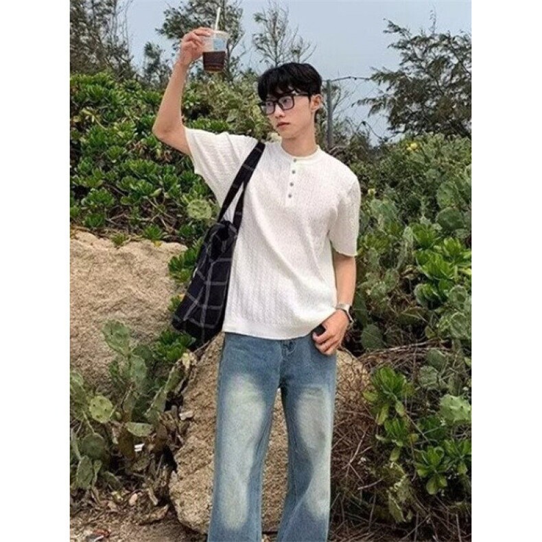 夏季针织衫纯色套头钮扣短袖上衣男士亨利领设计Polo衫TG58,男装T恤,星座1116A（原606A-3）