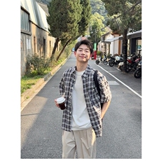 蓝色格子衬衫短袖男生新款夏季百搭宽松休闲简约衬衣上衣CS213，男装T恤，星座1116A（原606A-3）