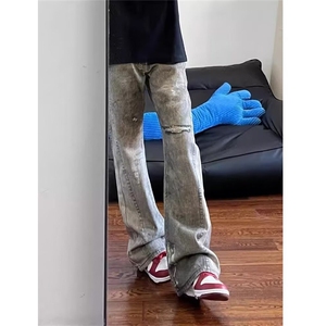 微喇叭牛仔裤男美式高街弹力水洗复古修身直筒显高休闲裤图片
