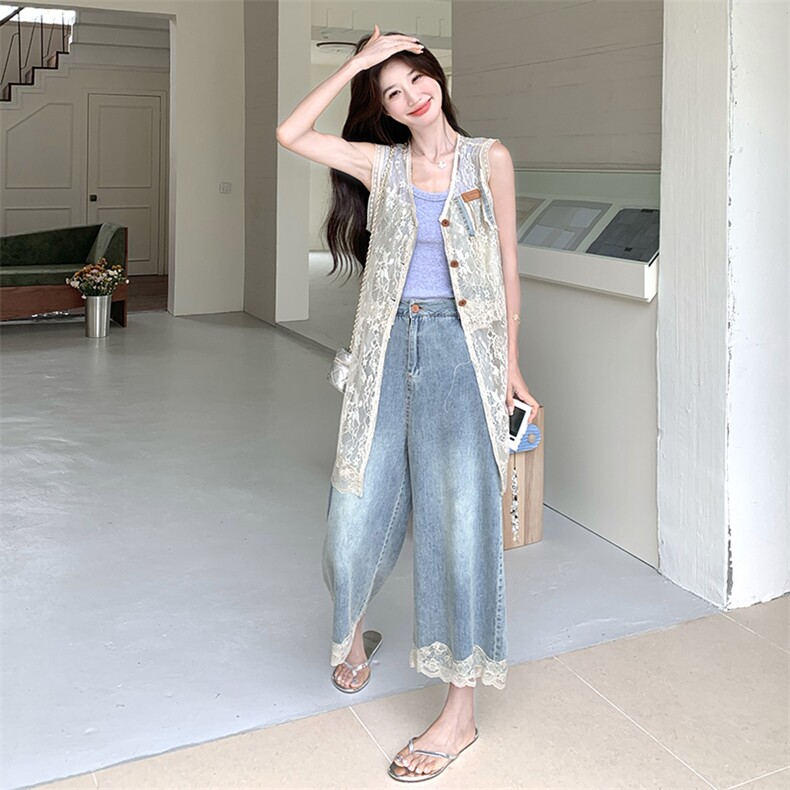洋气米白色镂空网纱马甲套装2025夏季新款超好看牛仔阔腿裤两件套,女装套装/套裙,2C159