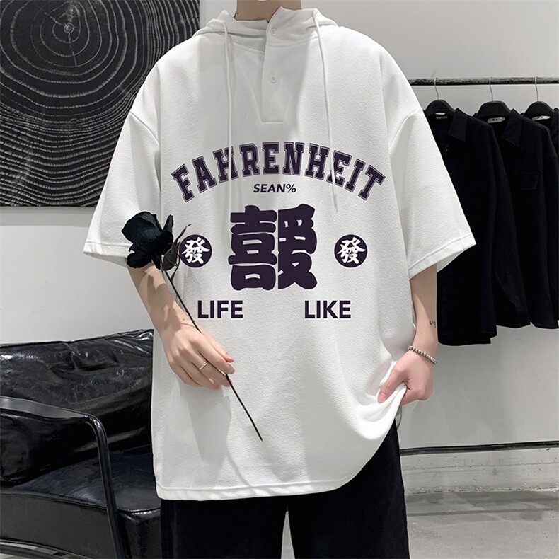 LD54256-P45 连帽短袖t恤男大码胖子带帽五分袖中袖 大皂风图片