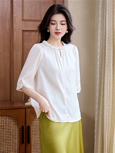 五分袖花边领重磅真丝上衣女2025夏装新款纯色气质小衫桑蚕丝衬衣图片