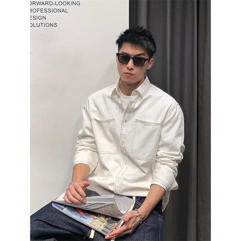 春季新款明线设计长袖衬衫男日系复古休闲衬衣高级感潮牌痞帅外套图片