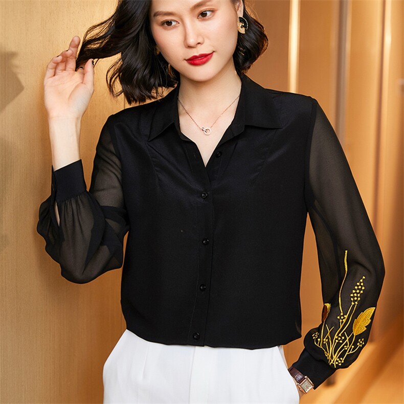 时尚都市女性必备优雅黑色真丝衬衫简约大气尽显高贵气质,女装衬衫,宋氏羊绒