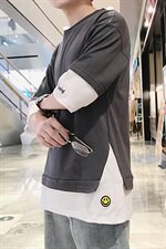 A003-HT002-P20夏季新款黄色笑脸假两件休闲短袖T恤2港仔风，男装T恤，电商A003