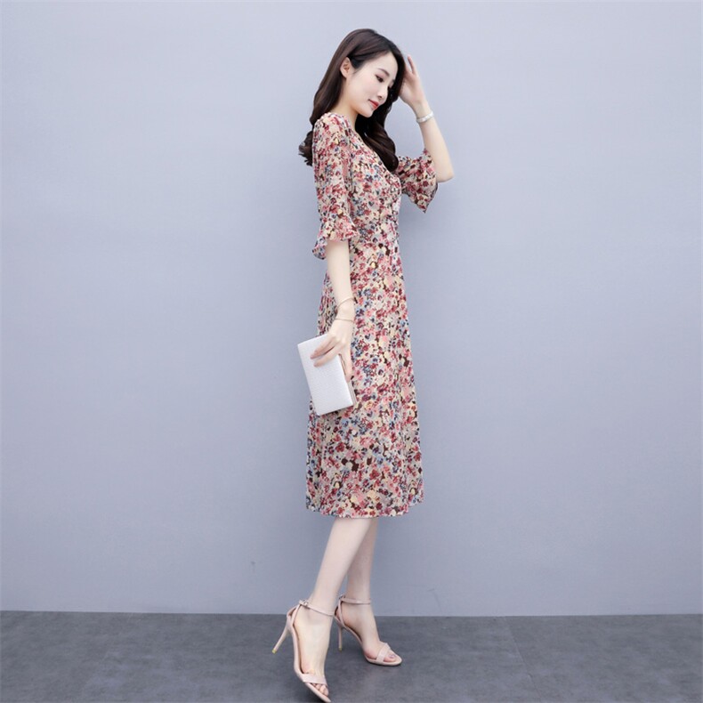 连衣裙五分袖中长款印花2021年夏季淑女V领通勤花色,女装连衣裙,岚衣(原川流布茜）