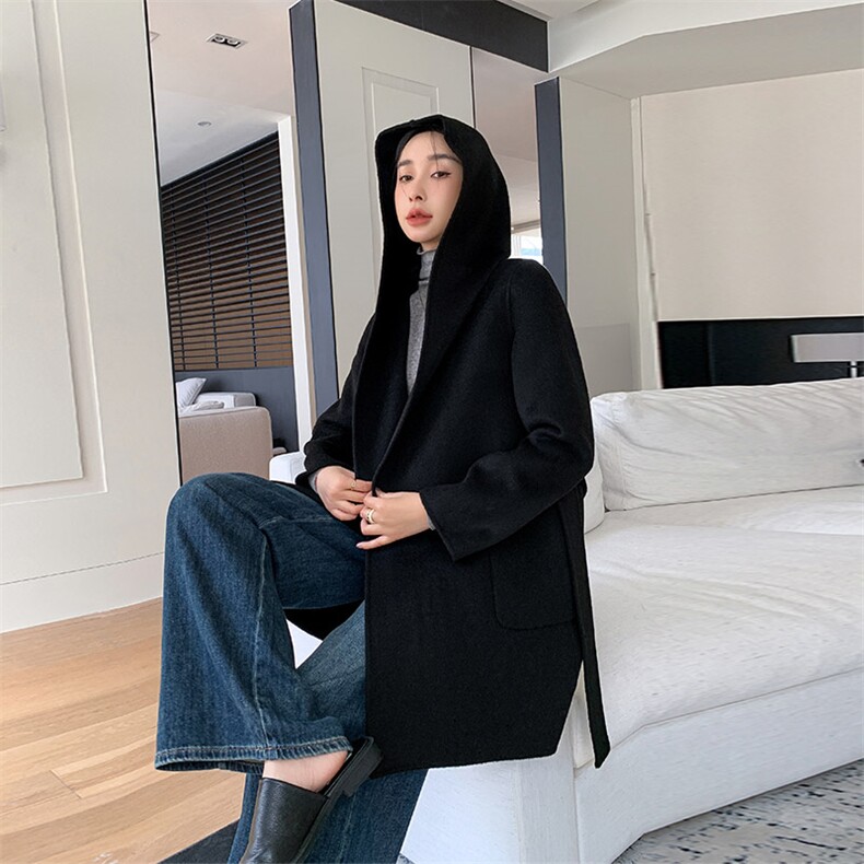 2025秋冬新款双面羊绒大衣女中长款连帽高级感小个子羊毛呢子外套,女装双面呢大衣,乾庄羊绒