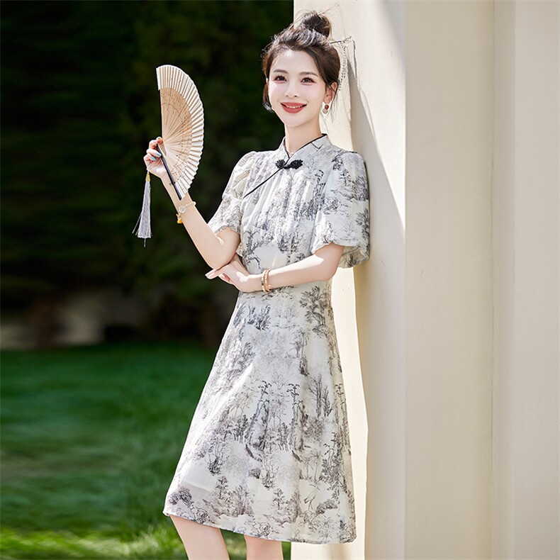 新中式国风连衣裙女2024夏季新款高级感气质年轻款水墨画改良旗袍,商品下架区,然然