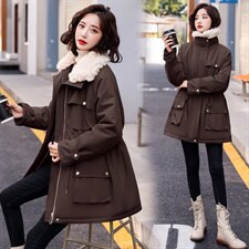 2021冬季新款时尚拼接羊羔毛翻领修身抽绳毛绒内里保暖派克服，女装派克服，菡迪欧娜