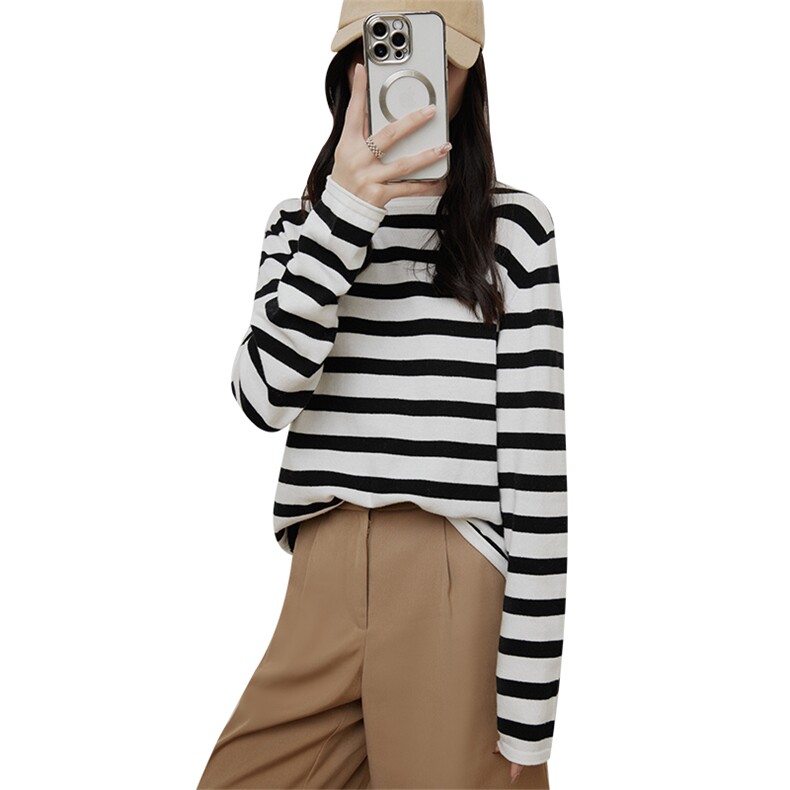 时尚条纹拼色长袖针织衫简约百搭显瘦秋季女装毛衣,针织衫/毛衣,佰旭羊绒