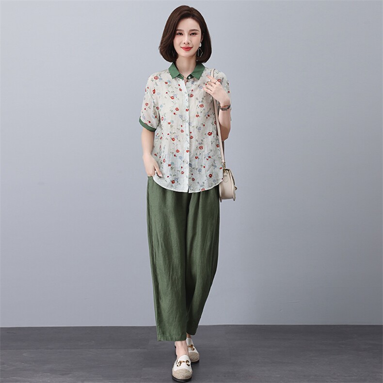 高端苎麻碎花套装纯亚麻上衣女装2025年新款夏季妈妈装棉麻两件套,女装套装/套裙,凝聚力