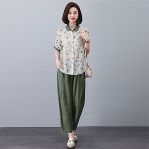 高端苎麻碎花套装纯亚麻上衣女装2025年新款夏季妈妈装棉麻两件套图片