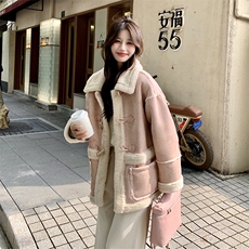 甜美粉色麂皮绒皮毛一体羊羔毛外套女秋冬2025新款时髦温柔风棉服，女装短外套，2B156